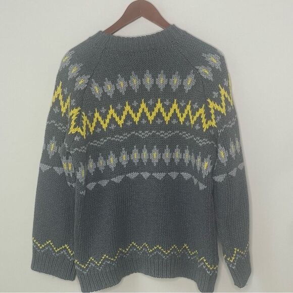 ZARA KNIT Cotton Icelandic Skandinavian Fair Isle Sweater Gray Yellow M #AP - Picture 2 of 7